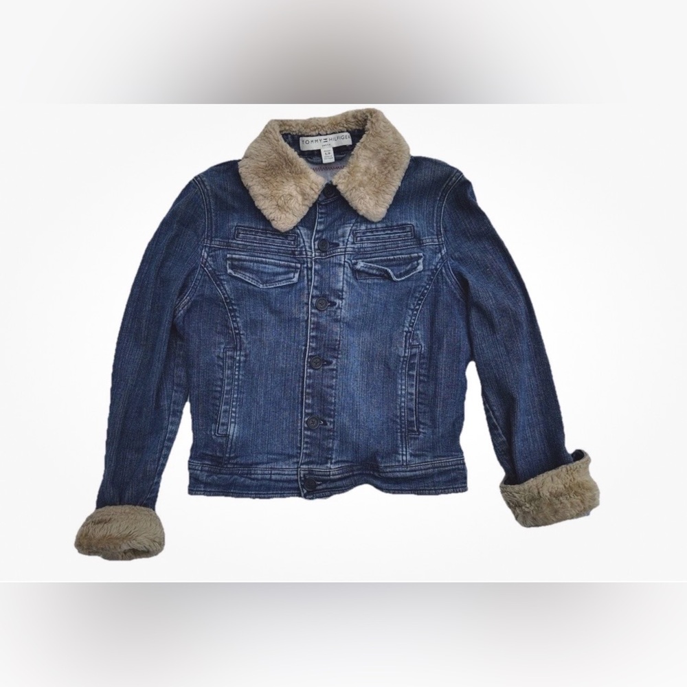 Tommy Hilfiger Denim Jacket Embroidered Fur Retro Y2K Back Floral Jean Petite S
